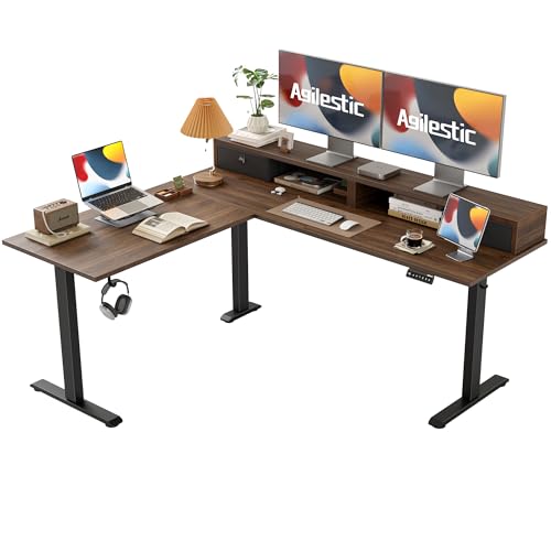 Agilestic 63 inch dark walnut L-shaped electric standing desk with drawer