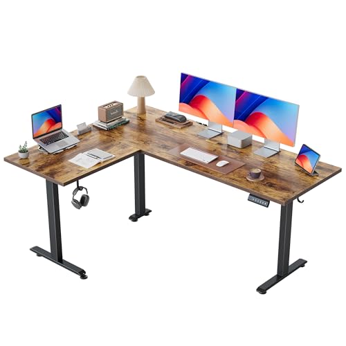 Agilestic 63 inch rustic brown L-shaped electric corner standing desk with splice-board tabletop